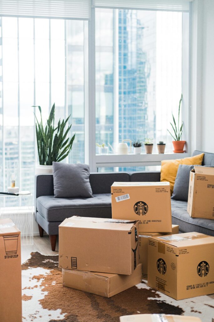 Bright city apartment interior with boxes shows moving day setup.
