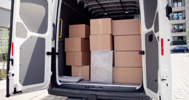 house removal truck with boxes and furniture