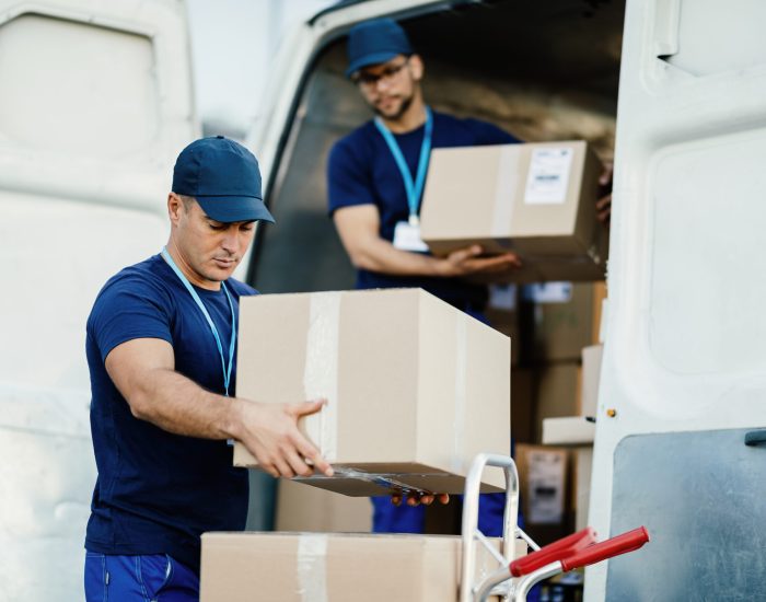 young delivery man and his coworker unloading boxes from a van.