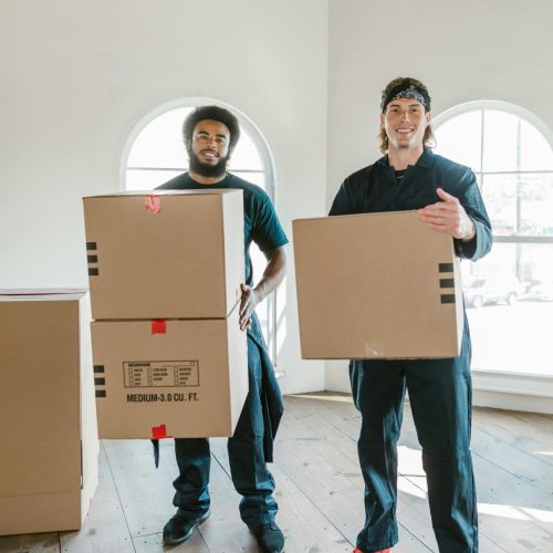 Two smiling movers carrying cardboard boxes in a bright, airy room with wooden floors.